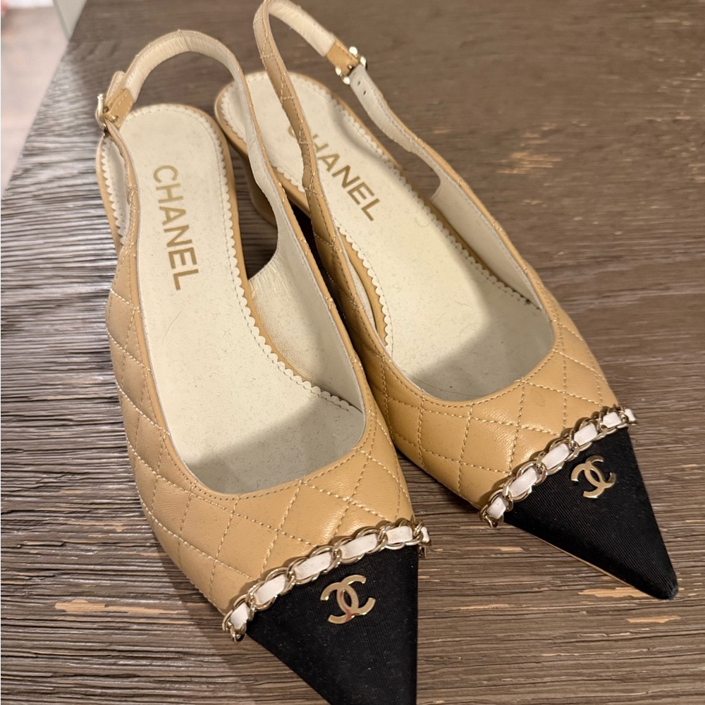 Chanel Beige and Black Slingback Pumps